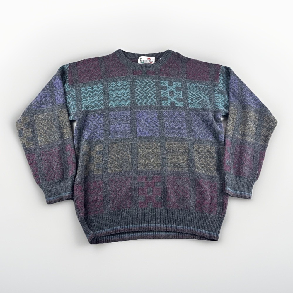 Vintage Florence Tricot Wool Blend Sweater Mens XL Made in Italy Geometric Cosby